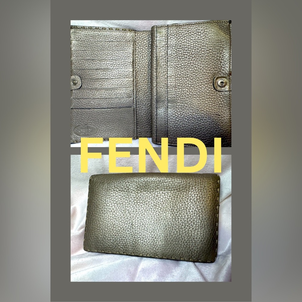 Fendi Trifold Wallet Selleria Metallic Pewter Roman Leather AY52312 W Coin Pouch